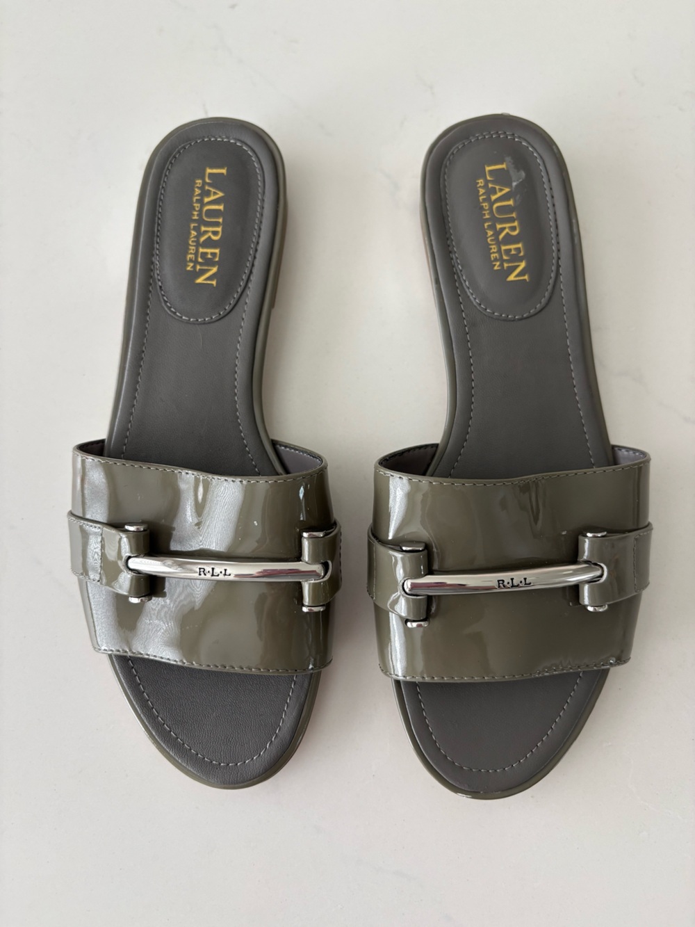 Lauren Ralph Lauren New Patent Slide Sandals Olive Grey Size 7 Desginer Vacation